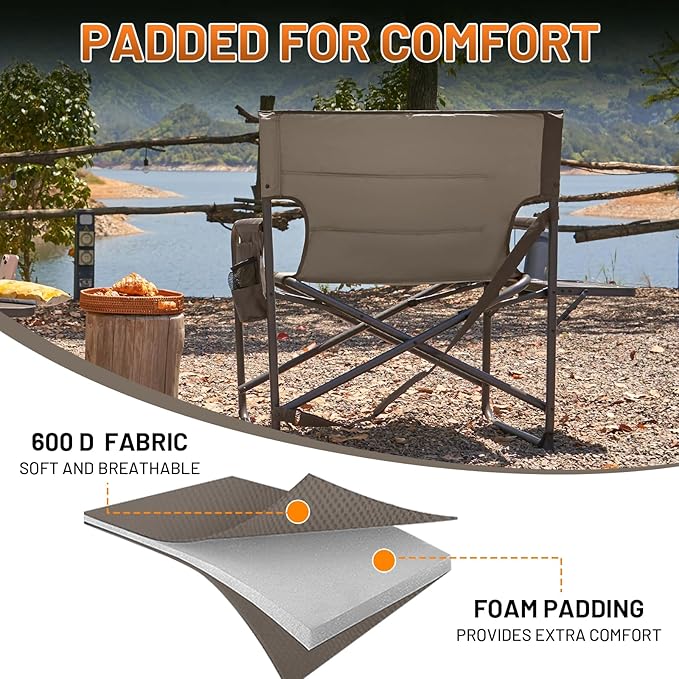 Timber Ridge XXL Director’s Chair – Heavy Duty Folding Camping Chair for Adults 500lb Capacity Extra Wide Padded Seat for Camping Sports Lawn Courtyard and Outdoor Use Tan
