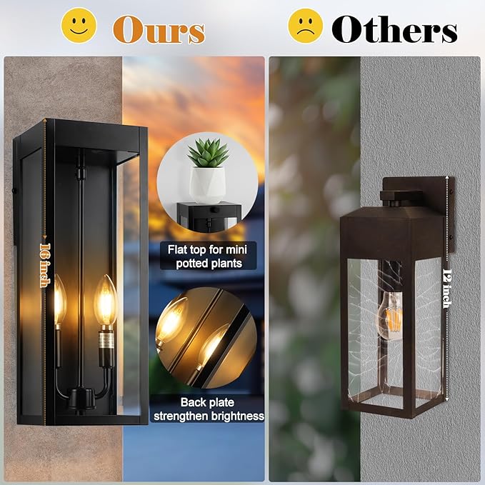 Outdoor Wall Lights 16 Inch Large 2 Pack Black Modern Exterior Lighting Fixtures Wall Mounted with 2-Candle Light Waterproof Outside Wall Sconces Coach Lamps Porch Lanterns for House E12