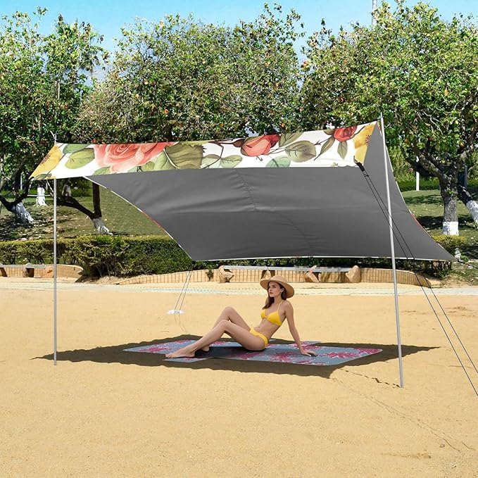 Vintage Parisian Pattern Beach Tent Sun Shelter 9.2' x 10.5' Beach Canopy with 4 Sandbags 4 Stability Poles Sand Shovels - Tent Canopy for Beach Camping Fishing Picnics