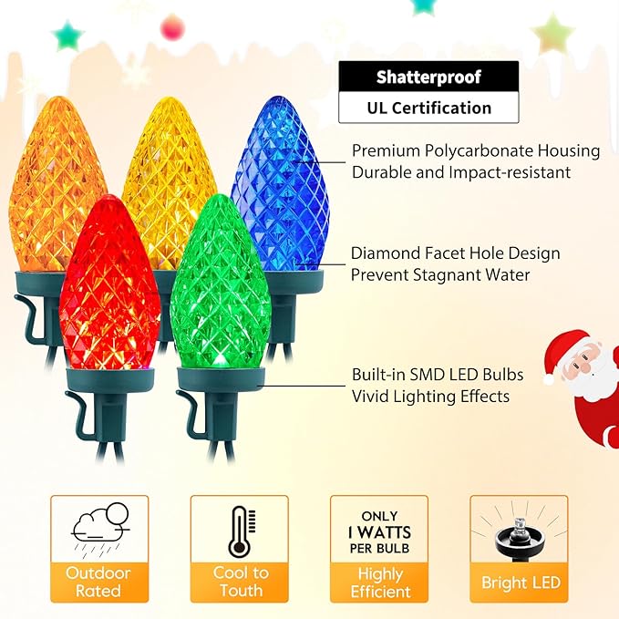Brightown C9 LED Christmas String Lights 2 Pack Total 132ft 200LED Multi-Color Outdoor Lights String Plug-in Connectable Roofline Lights String for Outside Yard Christmas Holiday Decor