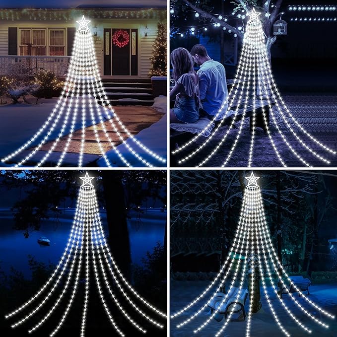 HELESIN Solar Outdoor Christmas Decorations Lights 350LED Christmas Star Tree Light wth Remote Control 8 Modes Waterfall Lights USB Charge for Holiday Xmas Tree Patio Yard Decor Cold White