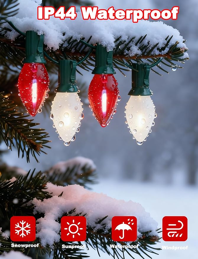 Red and White Christmas Lights Outdoor25ft C7 LED Christmas Lights with 27 Transparent Red and Frosted White BulbsConnectable Vintage Light for Patio Xmas Garden Party Holiday Decor