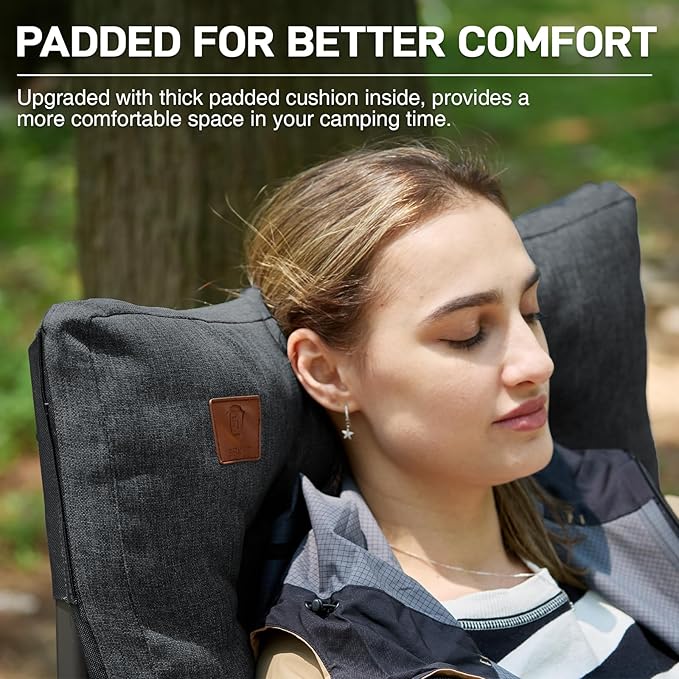 EVER ADVANCED Padded Oversized Folding Camping Chair for Adults Heavy Duty Lawn Chair with Side Pockets Portable Collapsible Quad Chair for Outside Support Up to 500lbs Black
