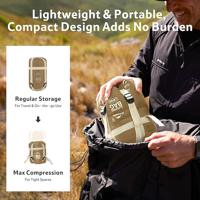 Naturehike Lightweight Compact Sleeping Bag 59℉/32℉ Envelope Ultralight Backpacking Sleeping Bag Portable Waterproof with Compression Sack for Cold&ampWarm Camping Traveling Hiking