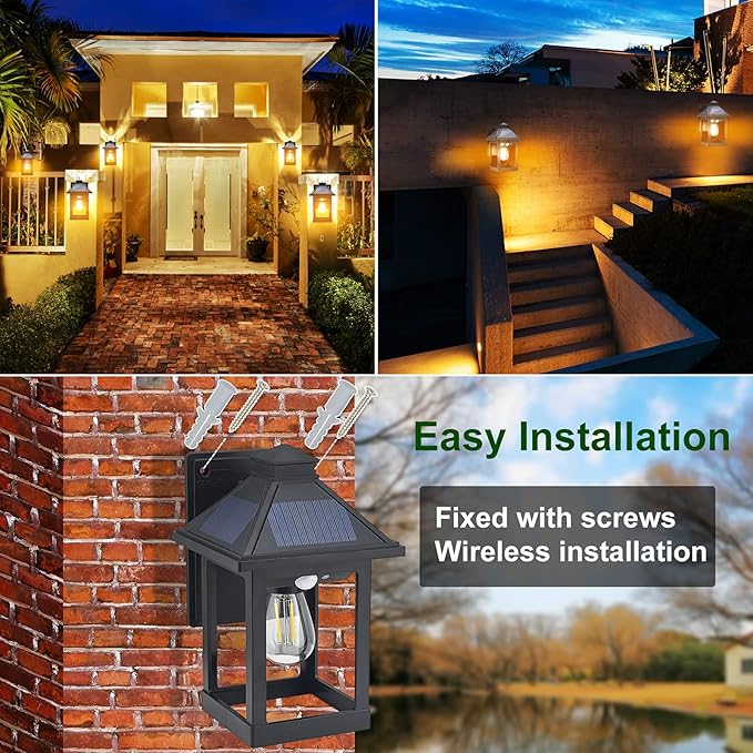 Solar Powered Wall Lanterns Outdoor with 3 Modes Dusk to Dawn Motion Sensor LED Sconce Lights Waterproof Exterior Front Porch Security Lamps Wall Mount Patio Fence Decorative Light Fixtures