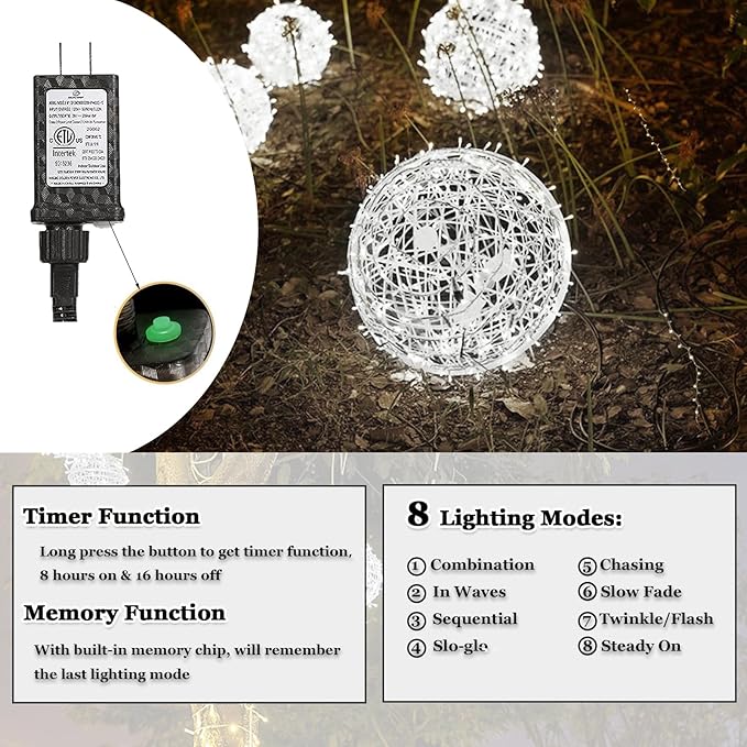 Outdoor Christmas Balls Lights Tree Lights Waterproof 4 Pack 7.87 LED Hanging Globe Sphere Lights with 8 Lighting Modes Memory Timer Plug for Party Wedding Xmas Porch Patio Garden Yard Decorations