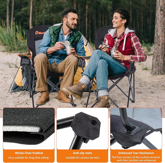 EMERIT 2 Pack Oversized Padded Camping Chair 350LB Heavy Duty Quad Fold Chair with Arms Collapsible Outdoor Chairs with Lumbar Back &amp Cup Holder