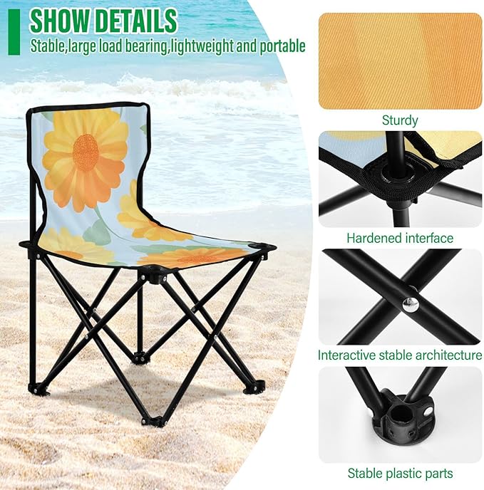 Orange Daisy Portable Camping Chairs Folding Chair - Durable Oxford Fabric Lightweight Iron Frame Easy Fold Design - Ideal for Outdoor Activities Camping Fishing and Travel