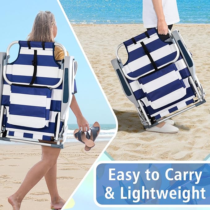 Portable Beach Chair with Backpack Straps Blue and White Striped Aluminum Frame 100kg Capacity