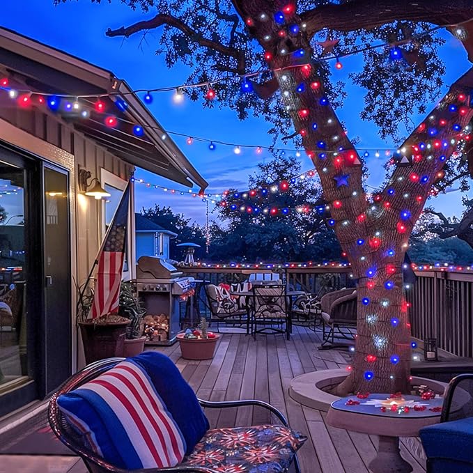 JMEXSUSS 2 Pack Red White and Blue Solar Lights 100LED 33ft Patriot Solar String Lights Waterproof 8 Modes 4th of July Lights for Independence Day Gardens Tree Outdoor 4th of July Decorations