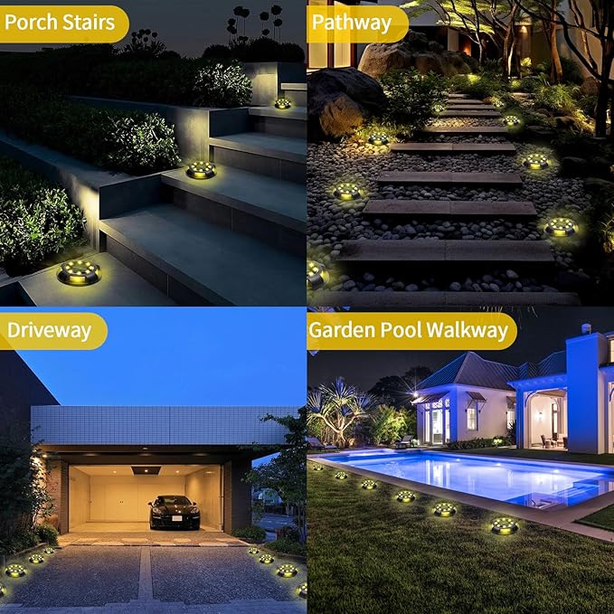 Solar Ground Lights Outdoor Waterproof 8 Pack 12 LEDs Solar Garden Disk Lights Landscape Lighting for Outside Pathway Deck Yard Patio Lawn Driveway Walkway Deco (Warm Lights)