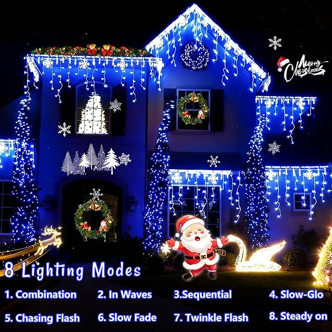 YEGUO 66ft 800 LED Blue Icicle Lights Outdoor Waterproof 160 Drops Icicle String Light Connectable 8 Modes Icicle Christmas Lights with Memory Timer