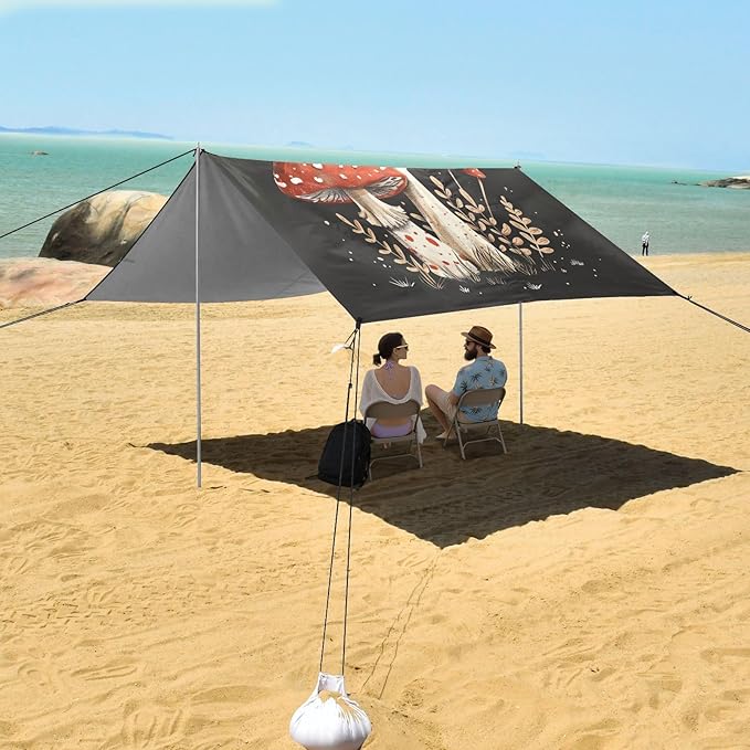 Red Mushroom Beach Tent Sun Shelter 9.2' x 10.5' Beach Canopy with 4 Sandbags 4 Stability Poles Sand Shovels - Tent Canopy for Beach Camping Fishing Picnics