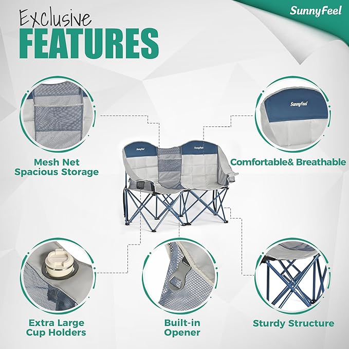 SUNNYFEEL Double Camping Chair Portable Folding Loveseat with Cup Holders Heavy Duty Steel Frame Gray