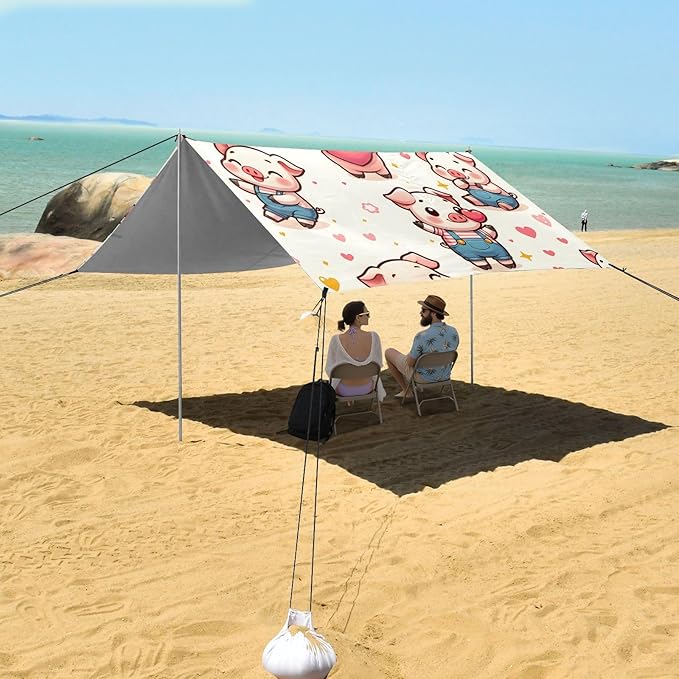 Cute Pig with Heart Camping Sun Shelter Beach Tent Portable Beach Sun Shade Outdoor Canopy for Camping Trips Fishing Picnic