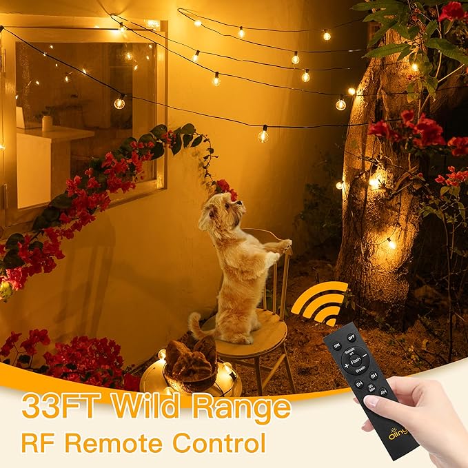 Ollny 35FT Solar Patio Lights Waterproof Remote Control Dimmable Timers 3Modes Outdoor Light with 15 LED + 1 Spare Shatterproof Bulb G40 String Lights for Outside Camping Backyard Tree Bistro