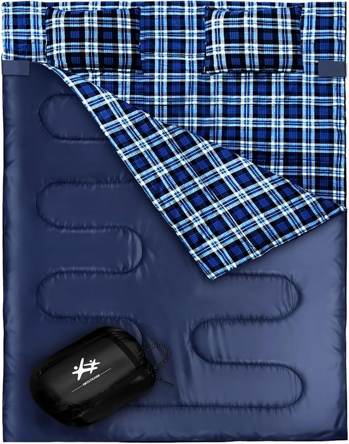 Double Sleeping Bag Flannel for Adults Kids Queen Size for 2 Person with 2 Pillows Warm &amp Cold Weather Sleeping Bag for Camping Hiking Waterproof Lightweight with Compression Sack