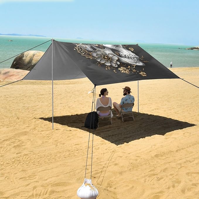 ALAZA Golden Flowers Skull Beach Tent Sun Shelter UPF50+ Protection Beach Shade Canopy w/ 4 Sandbags for Outdoor Camping Fishing Backyard Fun Picnic 10x9 ft