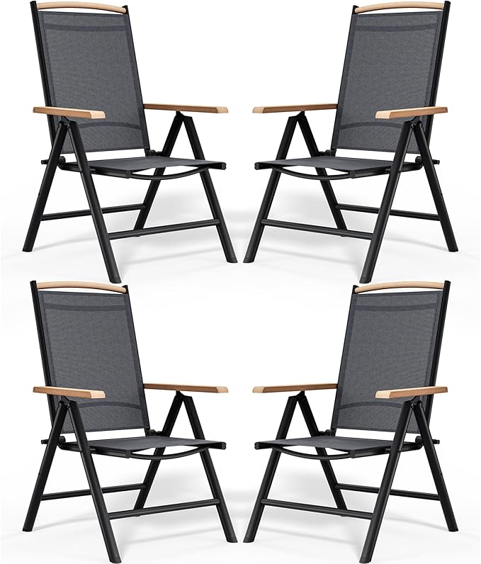 YITAHOME Aluminum Folding Patio Chairs Set of 4 Portable Patio Folding Chairs w/ 8-Position Backrest Breathable Folding Outdoor Chairs w/Sturdy Frame for Indoor &amp Outdoor Activities Black