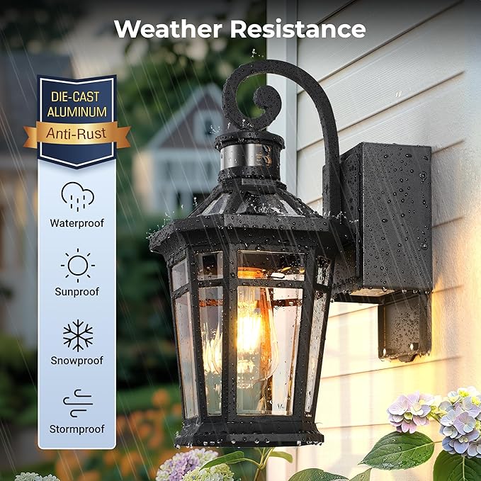 OPAIXS Motion Sensor Outdoor Wall Lights with Outlet Black Front Porch Light with GFCI Outlet Modern Coach Lights for Garage Waterproof Exterior Wall Sconce Lantern E26 Outside Wall Light Fixture