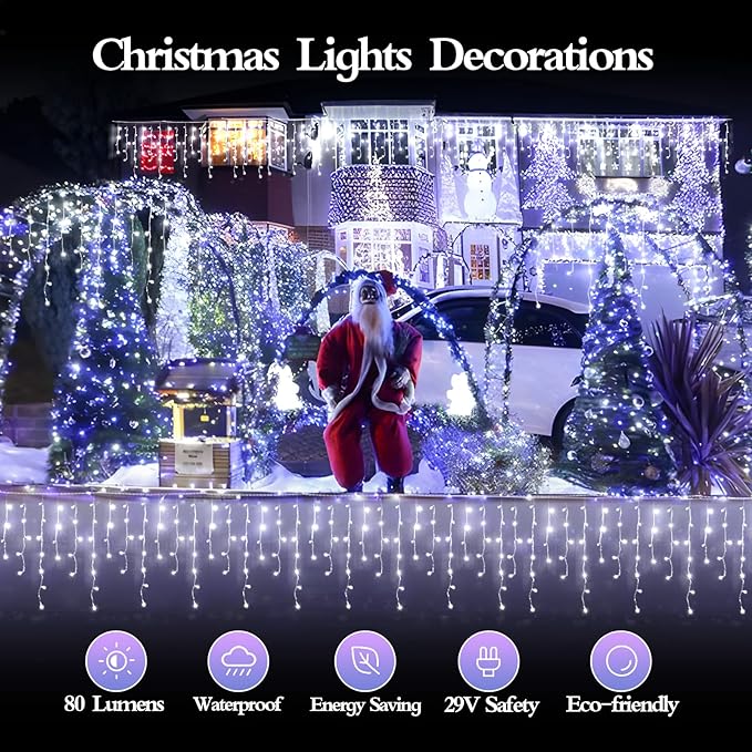 98FT 960 LED Christmas Lights Waterproof 8 Modes Ice Lights for Outside with Memory and Timer Hanging Fairy Lights Plug-in Curtain String Lights for Holiday Party Wedding Home (Cool White)