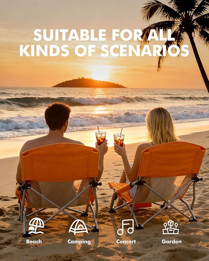 AKSOUL Folding Beach Chair for Adults: Low/High Back Chairs with Carry Bag - Extra Wide Seat Chair with Comfortable Pillow &amp Storage Pocket (1 Pack &amp 2 Pack Blue)