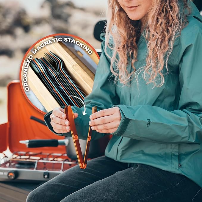 FULL WINDSOR - MAGWARE Magnetic Camping Cutlery Set - Travel Utensils for Camping Cooking and Outdoor Dining - Knife Fork &amp Spoon - Portable Silverware with Pouch for Backpacking - Orange (3 PC