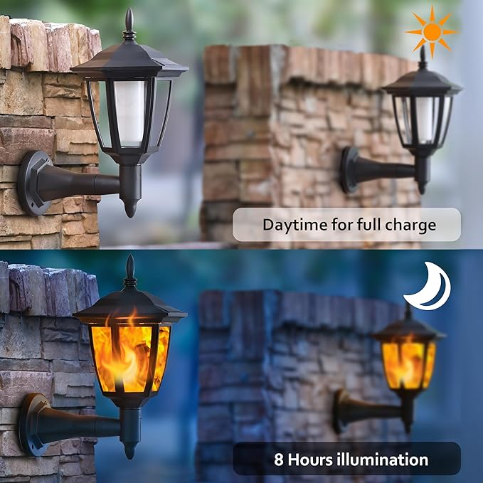 Dynaming 4 Pack Solar Flame Wall Lanterns Outdoor Solar Powered Wall Mounted Sconce Lights Flickering Flame LED Lights Auto On/Off Wall Hanging Lights Waterproof for Garage Stair Patio Porch Yard