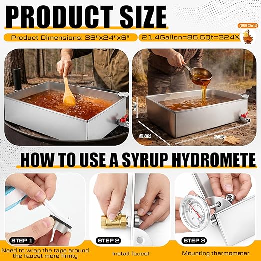 36 x 24 x 6 Inch Maple Syrup Evaporator Pan 22.5 GAL with 10” Cone Filter Holder Stand 10 Cone Filter Paper a Thermometer Stainless Steel Maple Syrup Pan Boiling for Home Outdoor(1-tier)