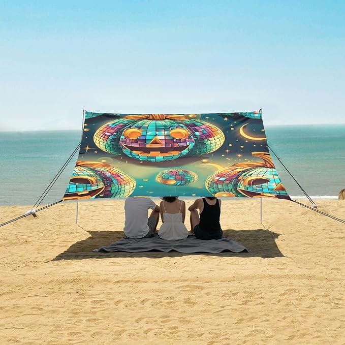 ALAZA Pumpkin Pop Art Beach Tent Sun Shelter UPF50+ Protection Beach Shade Canopy w/ 4 Sandbags for Outdoor Camping Fishing Backyard Fun Picnic 10x9 ft