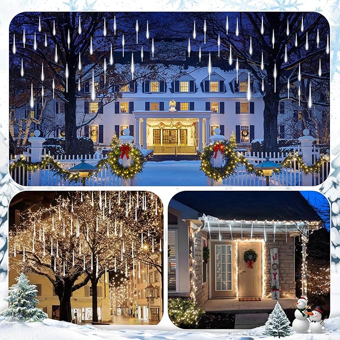 Brightown Meteor Shower Lights 20 Tubes 16 Inch 720 LED Solar Christmas Lights Outdoor Waterproof Snow Cascading String Lights for Outside Christmas Halloween House Tree Decoration Cool White
