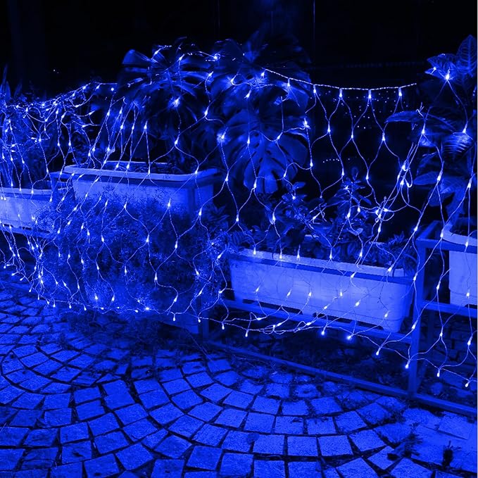 Joomer Christmas Net Lights - 12FT x 5FT 360 LED Plug-in Mesh Lights Waterproof with 8 Modes Timer Connectable for Bushes Trees Garden Outdoor Christmas Decor (Clear Wire Blue)
