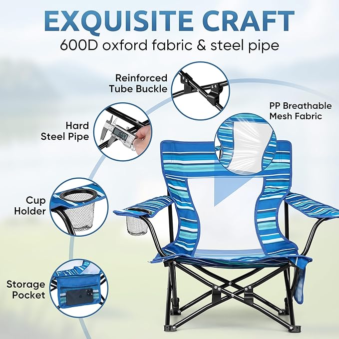 HaSteeL Folding Beach Chair Set of 2 Foldable Striped Camping Chairs for Outside Low Beach Chair Portable for Adults Fishing Picnic Outdoor BBQ Travel Sports Cup Holder &amp Storage Bag