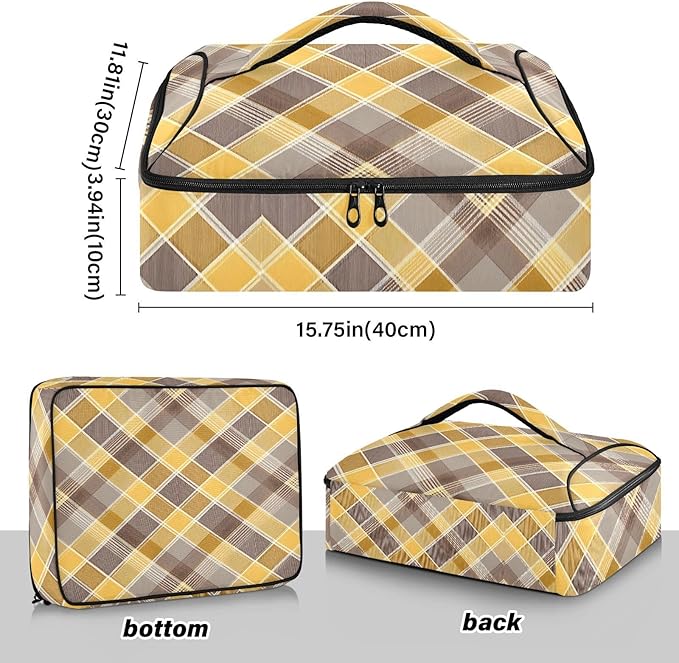 Casserole Carrier Print Yellow and Brown Tartan Insulated Casserole Carrier for Hot or Cold Food Thermal Lunch Tote for Parties Picnic Travel Carry Bag