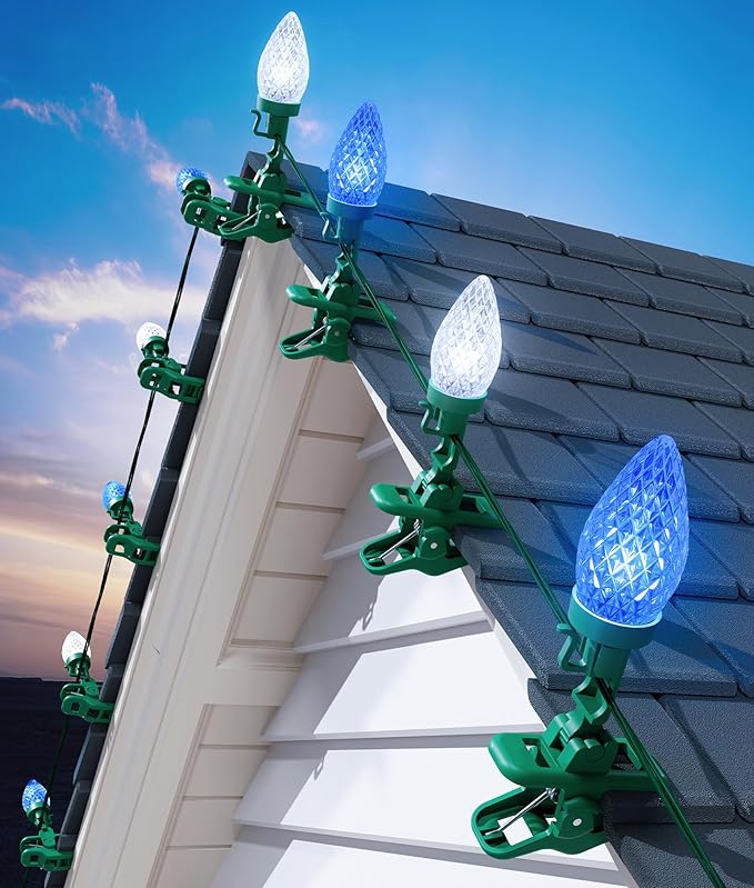 C9 LED Christmas Lights Outdoor 99 Feet 150 LED String With 150 Spring Clips Waterproof Connectable Christmas Tree Lights for Outside Roofline Patio Home Xmas Decor Blue &amp Pure White