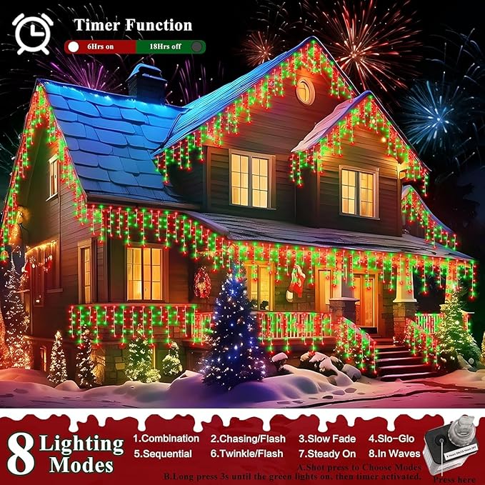 XURISEN 132ft Christmas Lights Decorations Outdoor 1280 LED 8 Modes Fairy Lights with 240 DropsPlug in Waterproof Timer Memory Function for Christmas Holiday Wedding Party Decorations(Red+Green)