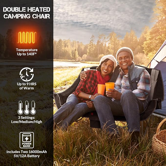 ANTARCTICA GEAR Heated Double Camping Chair 2-Person Folding Chair with 12V 16000mAh Battery Pack Heated Portable Loveseat Chair for Outdoor