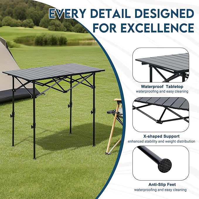 LOFTEY Folding Camping Table Adjustable Height Aluminum Camp Table with Roll Up Top Lightweight with Carry Bag Portable for Camping Backyard BBQ Tailgating 37.4 L x 21.7 W x 32 H Black