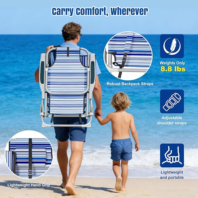 Lightweight Portable Beach Chair for Adults 350 LBS Capacity Backpack Beach Chair Reclining Beach Chair with 5-Position Lay Flat Large Cup Holder for Beach Camping Sports