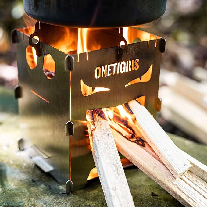 OneTigris Camping Backpacking Stove Portable Foldable Burning Wood Stove for Outdoor Hiking Picnic BBQStainless Steel (Medium)