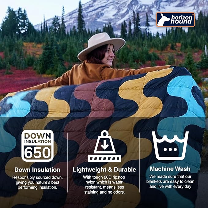 Horizon Hound Puffy Down Camping Blanket - Outdoor Travel Quilt | Sustainable Insulated Lightweight &amp Warm Gear for Sleep Camping Stadium Hiking &amp Festivals | Water Resistant Packable &a