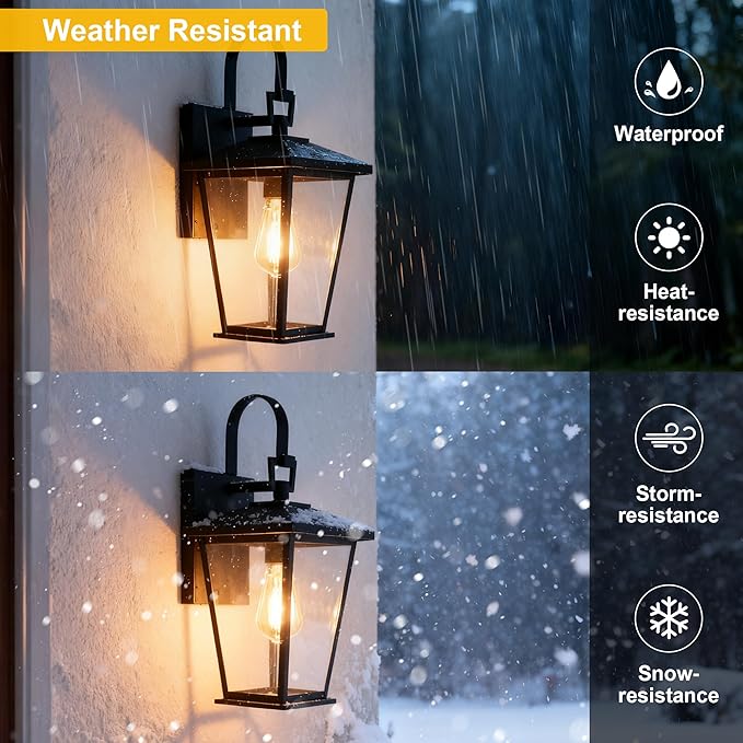 Kalium Outdoor Wall Lights Fixtures Lantern Frame 16 1/8 Outside Lights Black Transitional Durable Metal Clear Glass for Post Exterior Barn Deck House Porch Yard Patio Garage Garden