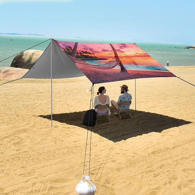 Bolaz Beach Canopy Tent Sun Shade9'×10.5' Large Family Beach Shade UPF50+- Outdoor Shade for Camping Trips FishingVibrant Sunset Beach Hammock