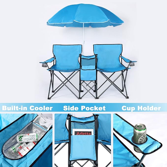 LAZZO Double Folding Camping Chairs Portable Picnic Camping Chairs w/Umbrella Mini Beverage Holder Carrying Cooler Bag Outdoor Picnic Double Folding loveseat Camp Chairs for Beach Patio Pool Park