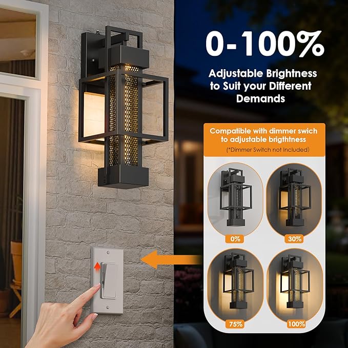 2 Pack Dusk to Dawn Outdoor Exterior Lighting Fixtures Wall Mount Dimmable Wall Porch Lights for House Sensor Outside Lantern Lamp Waterproof Black Sconce Coach Lights for Garage (Bulb Included)