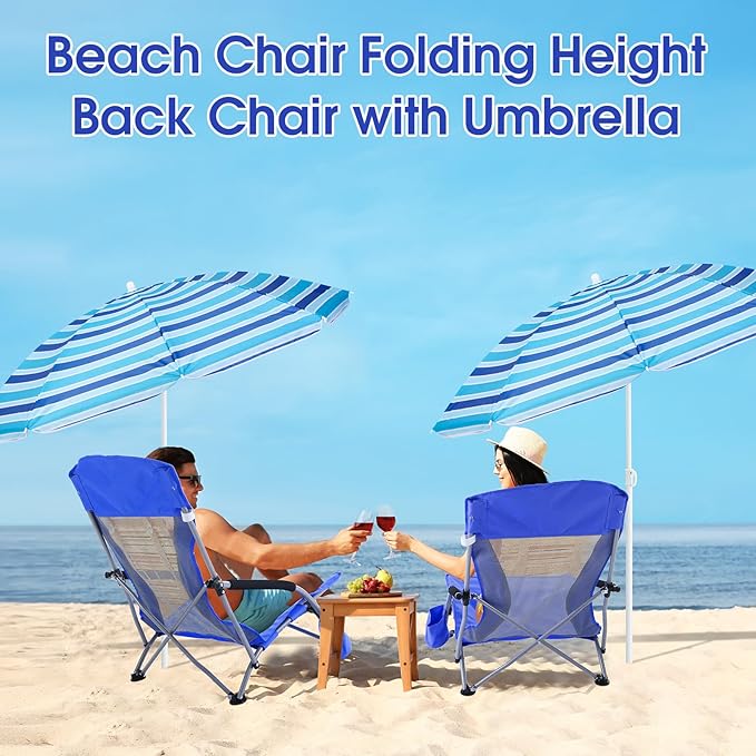 Huwena 2 Pack Beach Chair for Adult with 2 Umbrella Low Folding Chair Detachable Adjustable Lightweight with Armrests Cup Holder Carry Bag Portable for Sand Camping Travel Outdoor Pool(Dark Blue)