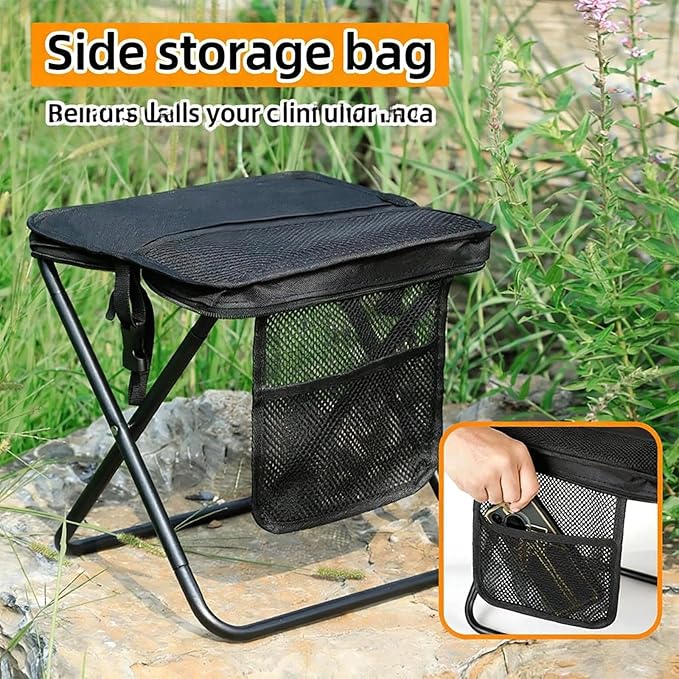 Portable Folding Stool with Storage Bag Lightweight Crossbody Design Carbon Steel Frame Mesh Side Pocket (Beige)