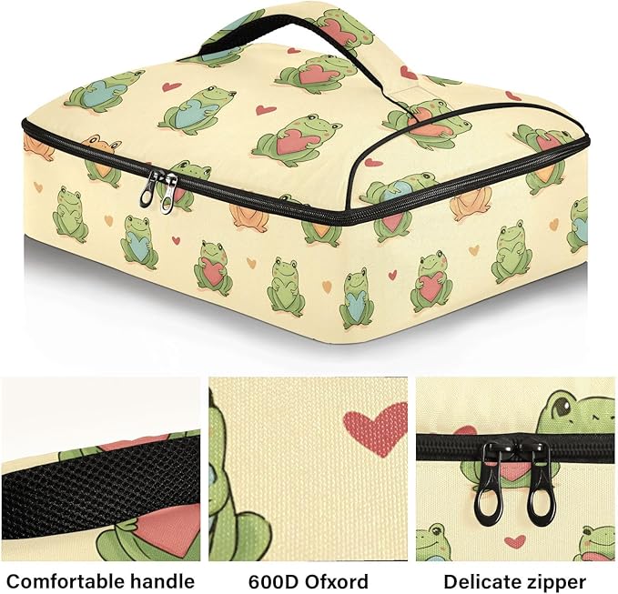 Casserole Carrier Green Frogs Holding Colorful HeartsInsulated Casserole Carrier for Hot or Cold Food Thermal Lunch Tote for Potluck Parties Picnic Beach Fits 9 x 13 Inches Baking Dish