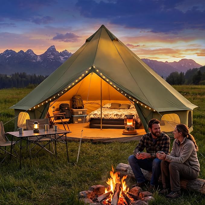 YOLENY Bell Tent Yurt Tent 4/6/8/10 Person 4 Season Waterproof Glamping Tents w/Stove Jack for Family Camping Outdoor Party Glamping Tents for Camping - 10/13.1/16.4FT