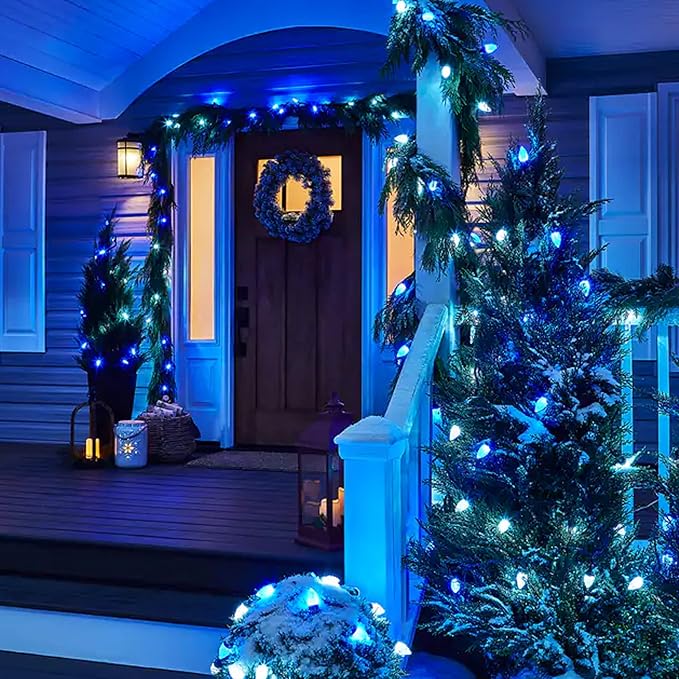 Dazzle Bright C9 Christmas String Lights 100 LED 66 FT Waterproof Connectable Green Wire Fairy Lights Christmas Lights for Indoor Outdoor Home Garden Yard Xmas Tree House Decorations (Blue)